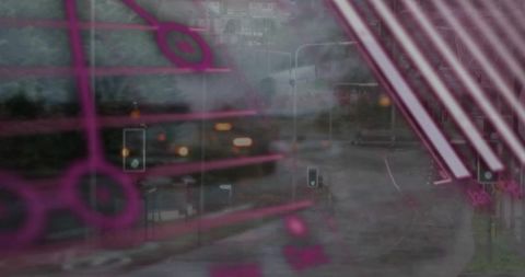 Misty urban junction glowing with cinematic magenta neon overlay and blurred headlights