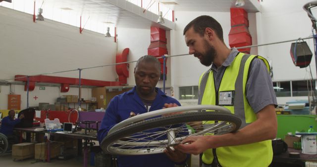 Teacher wearing safety vest instructing student on assembling a bicycle wheel in a workshop. Great for educational materials, vocational training content, engineering workshops, teamwork-related projects, skill development promotions.