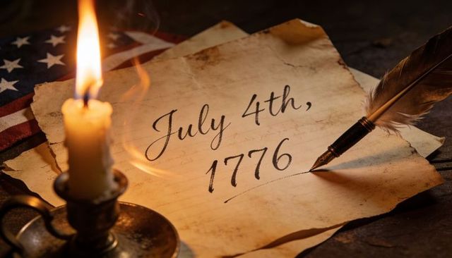 July 4th 1776 declaration theme with quill pen candle and folded american flag on rustic parchment