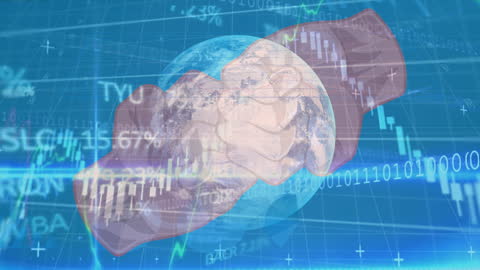 Financial Data Animation with Fists and Earth in Background