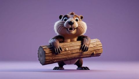 Cartoon beaver with wooden log on purple background