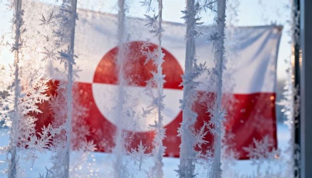 Sunlit frost framing Greenland flag outside window with intricate snowflake patterns