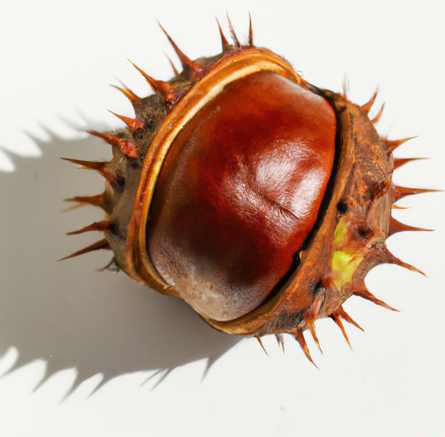Detailed close-up of a brown chestnut partially emerging from its spiky outer shell. Perfect for use in autumn-themed designs, nature articles, or harvest-related promotions. Ideal for botanical illustrations and natural texture studies.