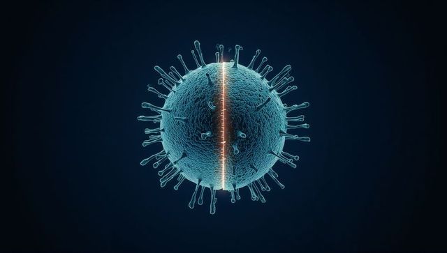 Glowing viral sphere showing warm orange seam and surface spikes on dark navy background