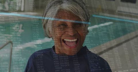 Senior woman at pool with digital code overlay, embracing wellness