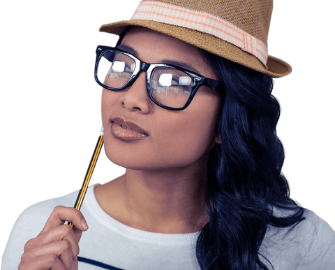 Transparent Stylish Woman in Hat Holding Pencil Contemplatively