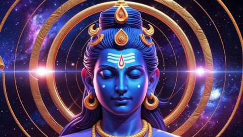 Mystic Blue Deity Meditating in Celestial Environment