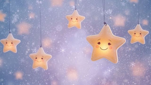 Smiling star lanterns hanging in snowy pastel bokeh backdrop warm glowing cute nursery decor