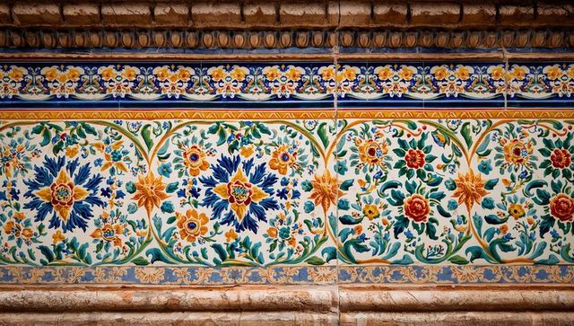 Handpainted polychrome ceramic tile frieze featuring vibrant floral and starburst motifs