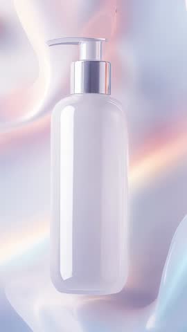Vertical video showing white pump bottle on iridescent pastel fabric with metallic cap