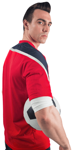 Transparent Football Fan Holding Soccer Ball in Red Shirt Looking Back