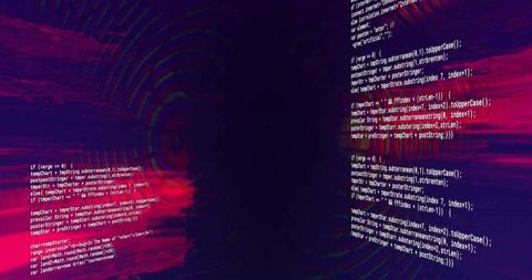 Cyberpunk neon tunnel with floating code panels, radial glitch lights and digital corridor