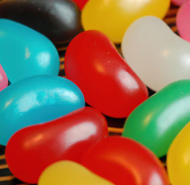 Close up of multiple colourful sweet jelly beans on black background. Sweets, beans and food concept.