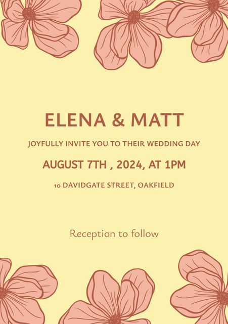 Elegant wedding invitation featuring red floral designs on a yellow background. The invite includes details such as the event date, location, and reception follow-up. Ideal for use in spring weddings, garden-themed celebrations, or elegant events requiring a stylish touch.