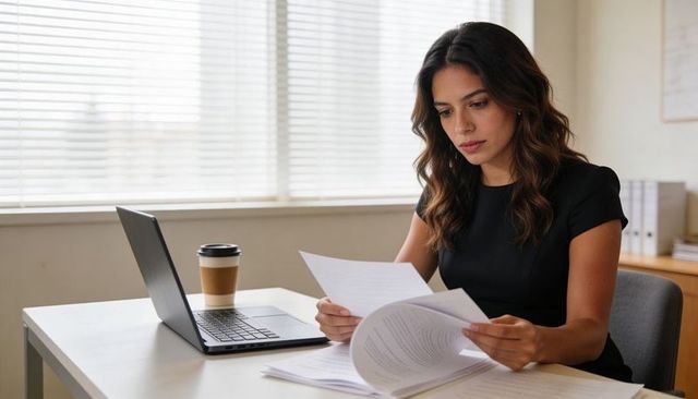 Focused professional woman reviewing documents at bright office desk with laptop and coffee