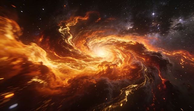 Swirling Fiery Nebula Spiraling Toward Bright Galactic Core