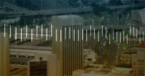 Urban Skyscraper with Digital Overlay of Sound Waves