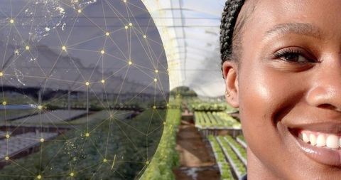 Smiling Woman in Greenhouse with Network Overlay, Eco Innovation