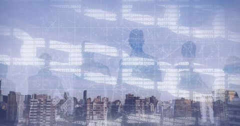 Digital silhouettes network over urban skyline background