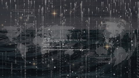 Digital World Map with Data Streams and Falling Stars