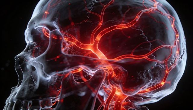 Translucent skull showing glowing cerebral vessels and neural network 3d medical rendering