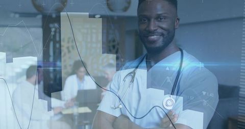 Confident Healthcare Professional Standing with Stethoscope and Data Analytics Overlay