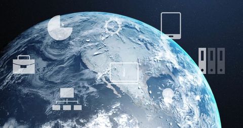 Earth in Orbit with Icons Symbolizing Global Technology and Innovation