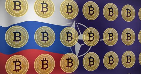 Bitcoin Over Russian and NATO Flags Representing Crypto and Geopolitics