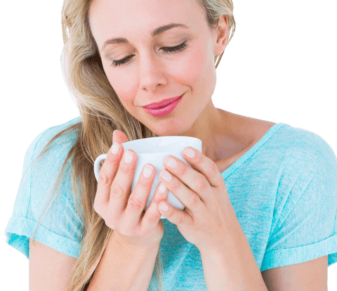 Woman Enjoying Hot Beverage, Expression of Relaxation Transparent Background - Download Free Stock Videos Pikwizard.com