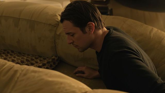 Man peering into sofa gap searching for lost item on cozy beige couch in low light