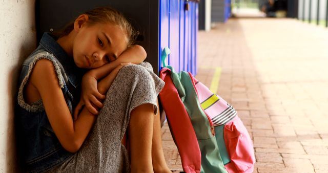 Sad schoolgirl sitting on floor with backpack - Download Free Stock Images Pikwizard.com