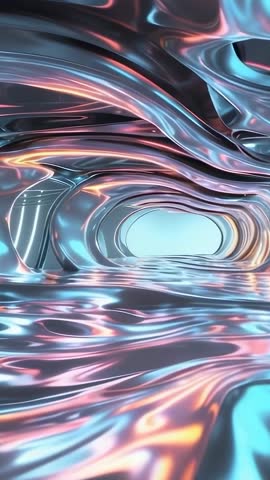 Vertical video gliding through pastel metallic fluid tunnel with futuristic reflective glow