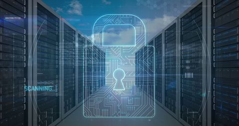 Digital padlock over server room symbolizes cybersecurity
