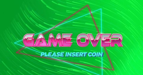 Retro-inspired design captures nostalgic arcade gaming vibes with an eye-catching use of neon pink and green elements with text reading 'Game Over' and 'Please Insert Coin'. Useful for creating themed party invitations, digital design projects, or nostalgic game event promotions centered around gaming or the '80s aesthetic.