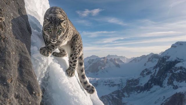 Snow leopard descending glacial cliff, gripping frozen ledge above glacier-filled valley