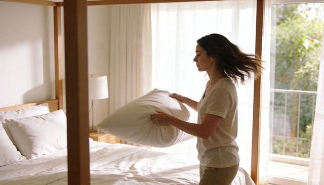 Young woman fluffing pillow on wooden four-poster bed in bright minimalist bedroom