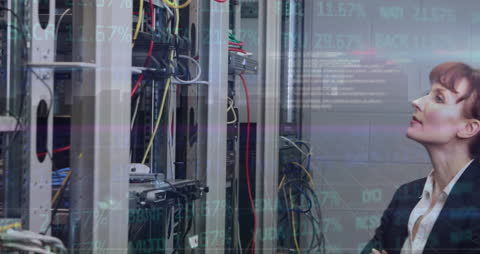 Confident Female Engineer Analyzing Server Technology with Finance Overlay