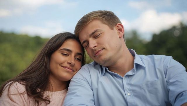 Young couple leaning heads together enjoying intimate romantic moment in sunlit park