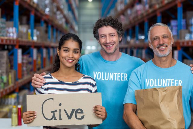 This image shows a group of happy volunteers in a warehouse, holding a sign that says 'Give'. They are wearing blue shirts and smiling, indicating a positive and supportive environment. This image can be used for promoting charity events, community service initiatives, donation drives, and other humanitarian efforts. It highlights the spirit of giving and teamwork in a diverse group setting.