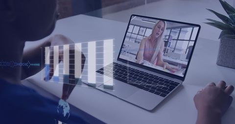 Virtual Global Meeting Amid Financial Data Analytics Display