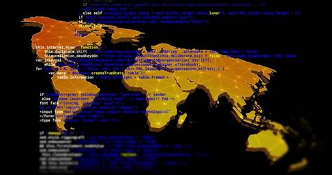 Glowing gold world map with code overlay and network nodes visualizing global cyber data