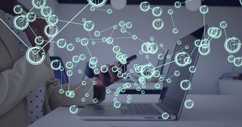 Modern Businesswoman Using Smartphone with Digital Network Overlay