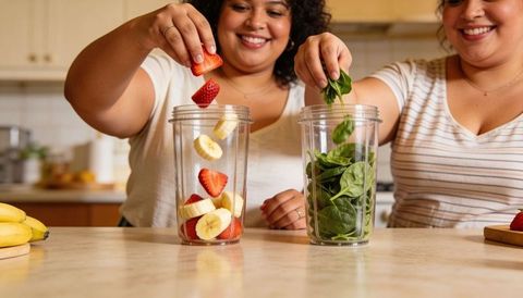 Two women making strawberry banana spinach smoothies in bright home kitchen
