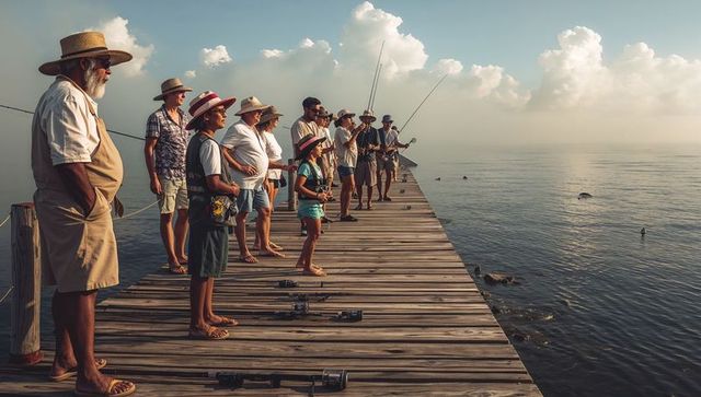 Multigenerational group gathering and fishing on wooden pier at calm morning coastline