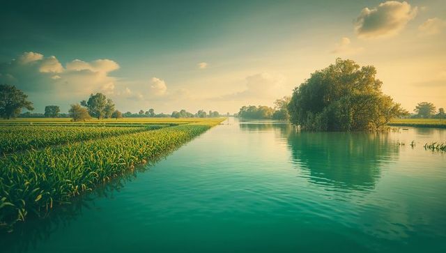 Tranquil Waters Flowing Between Verdant Cropland at Sunset