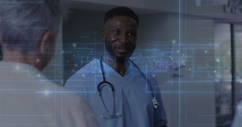 Smiling doctor with digital overlay in healthcare setting