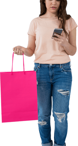 Caucasian Woman Shopping with Smartphone on Transparent Background