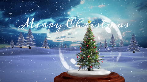 Festive Snowy Landscape with Christmas Tree in Snow Globe