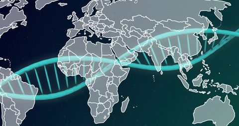 Dna strand overlay on world map illustrating global science and research