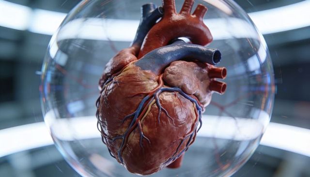Rotating anatomical heart suspended in glass dome with aorta and vessel detail, clinical macro